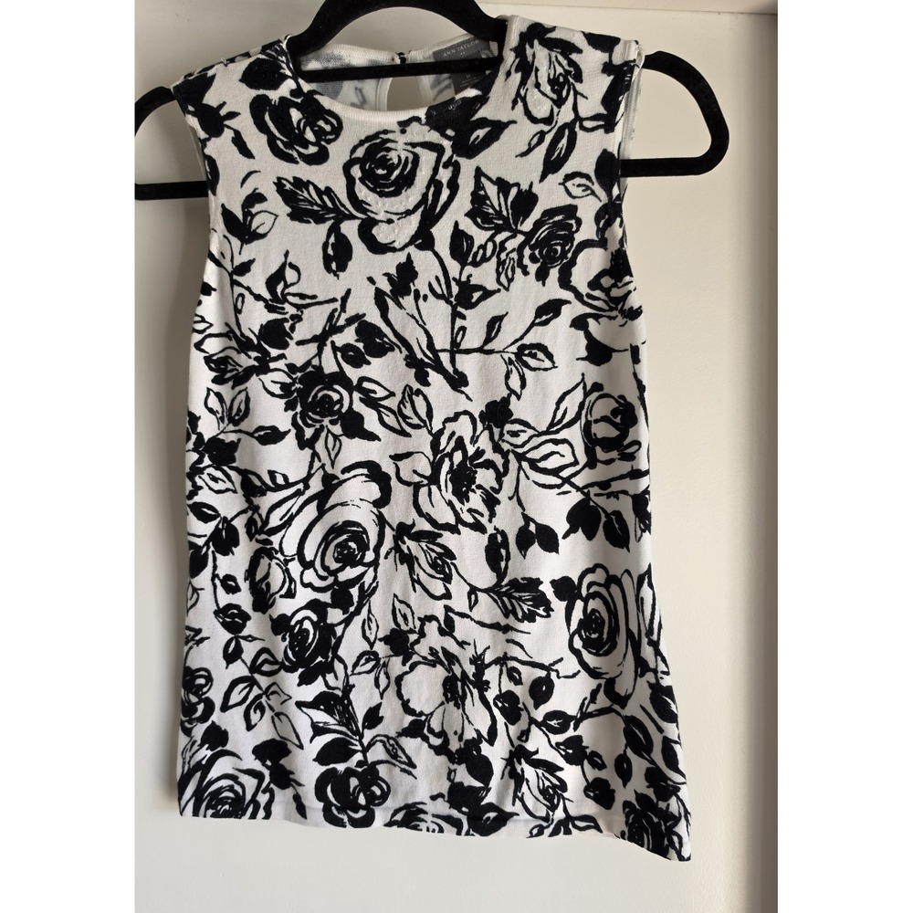 Ann Taylor Tank Top Women M Black White Floral Beaded Round Neck Classic